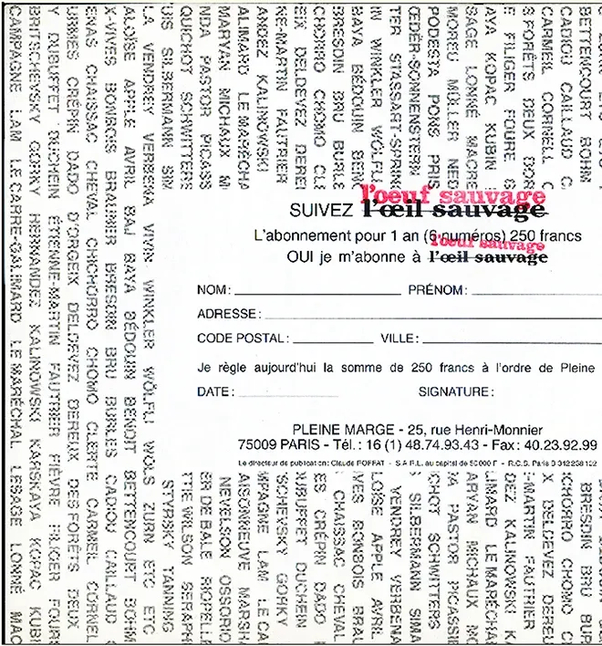 Bulletin de souscription tamponné « l’œuf sauvage » à l’encre rouge