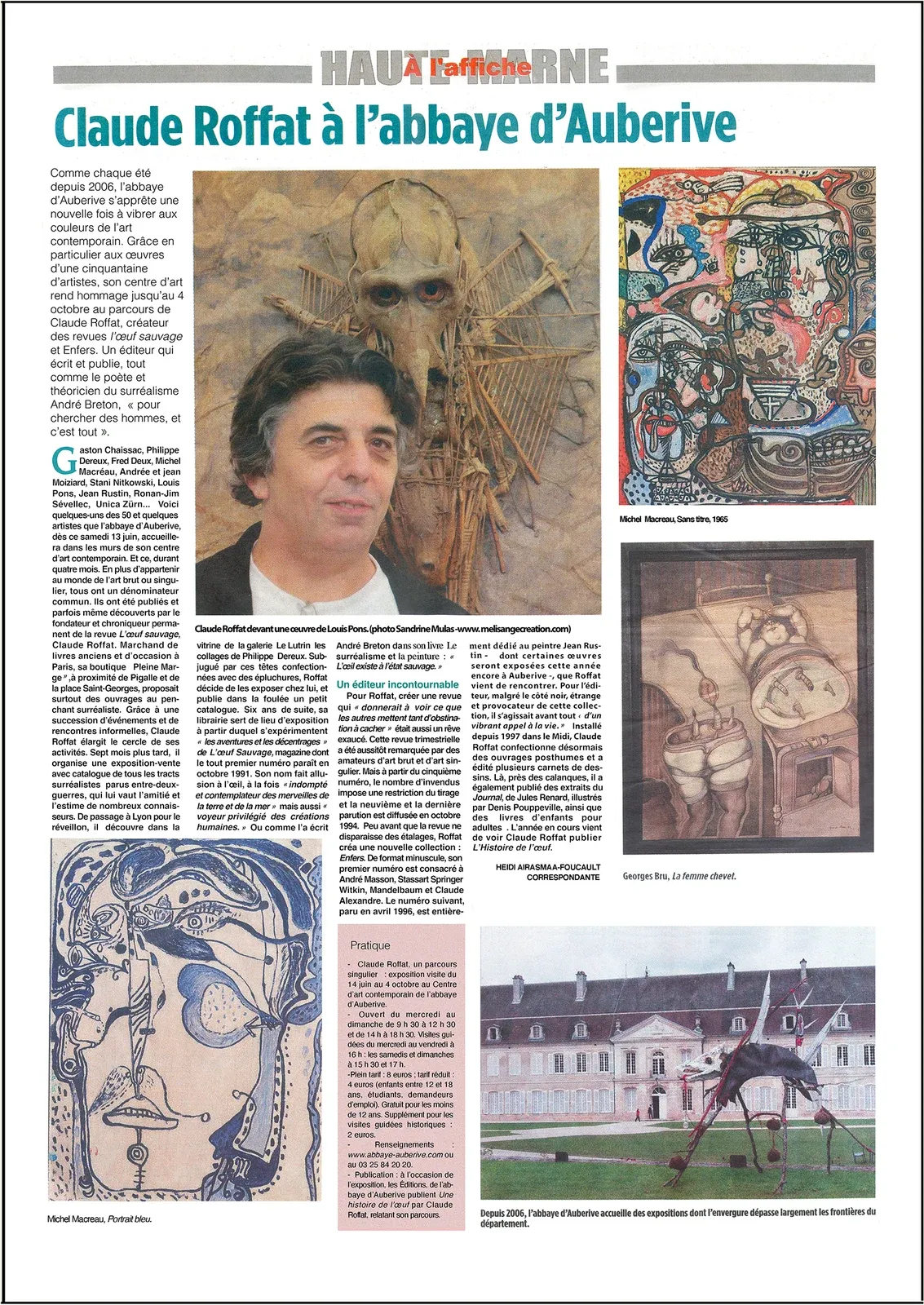 Article « Claude Roffat à l’abbaye d’Auberive », La Croix de la Haute-Marne