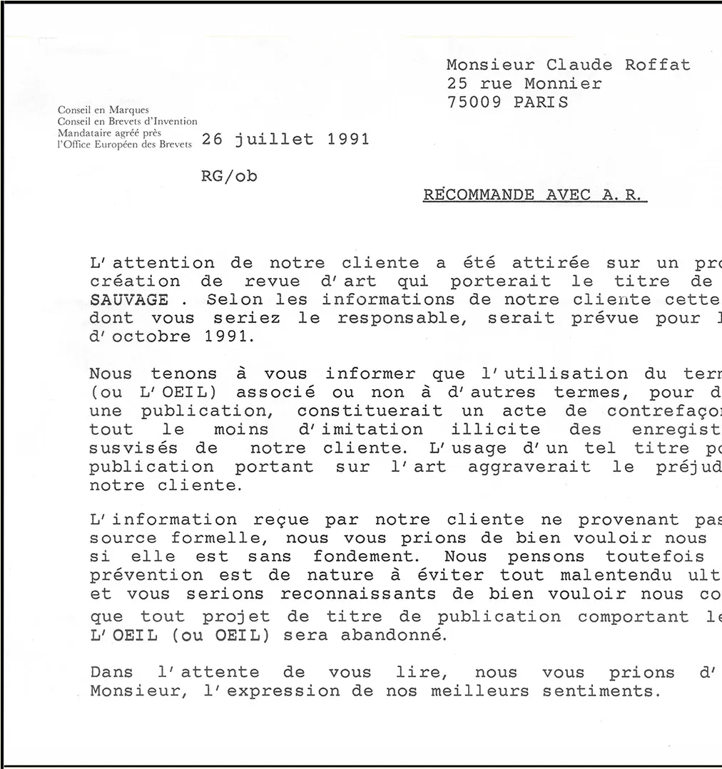 La lettre du cabinet d’avocats, 26 juillet 1991